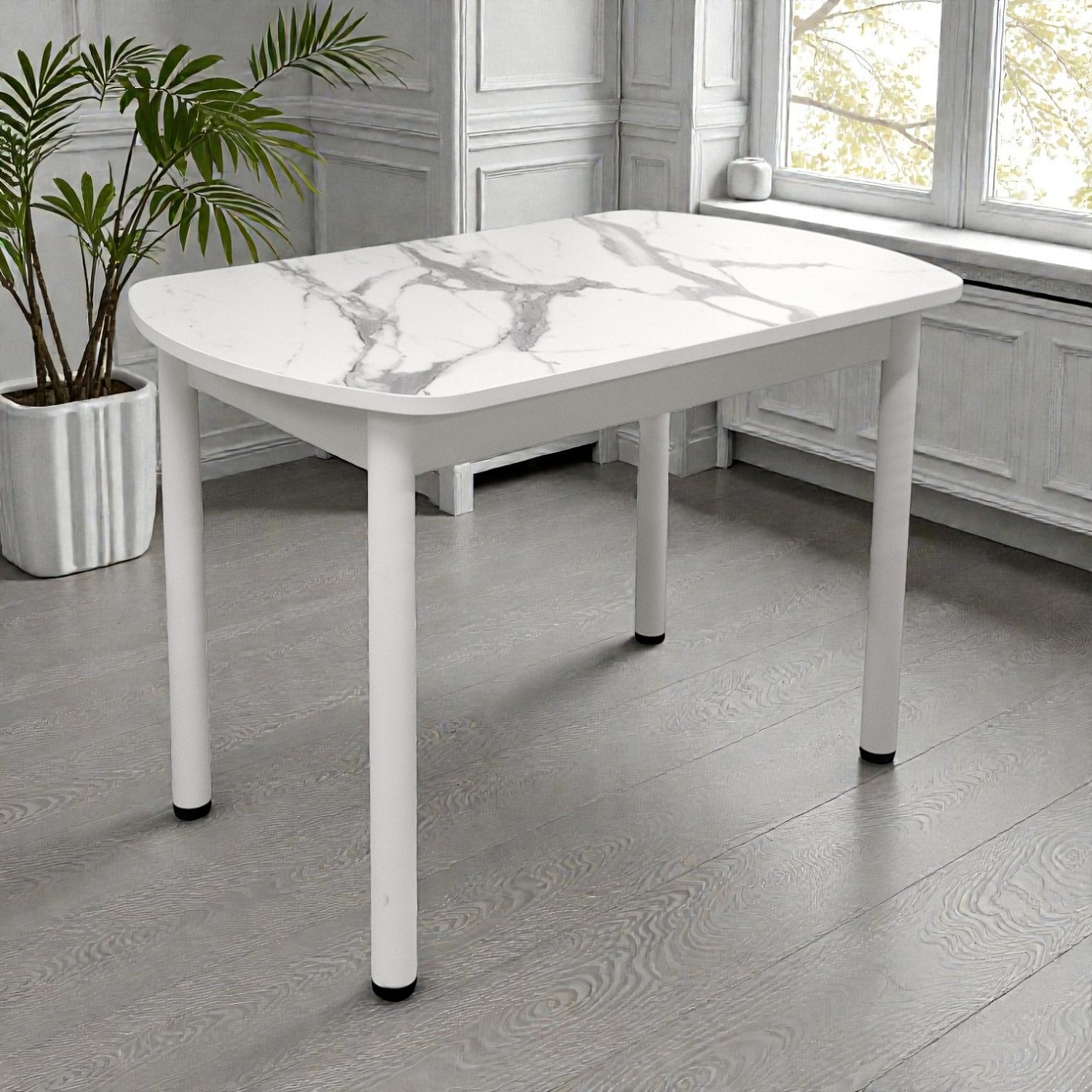 Стол Фаворит 1100*700 Пластик Мрамор белый,(B5)/ЛДСП Белый+опоры(Белый)