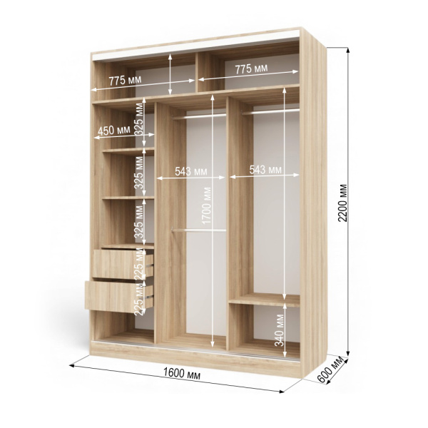 Шкаф-купе БН-61  2дв с ящ. 1600х600х2200 Дуб сонома/хром