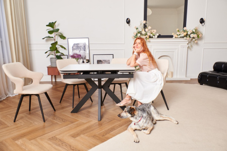 Стол Сумо-1С NEW 110х70 (+25+25) (царга Чёрный/МДФ+PVC Чёрный/White marble),нога №125Q черный